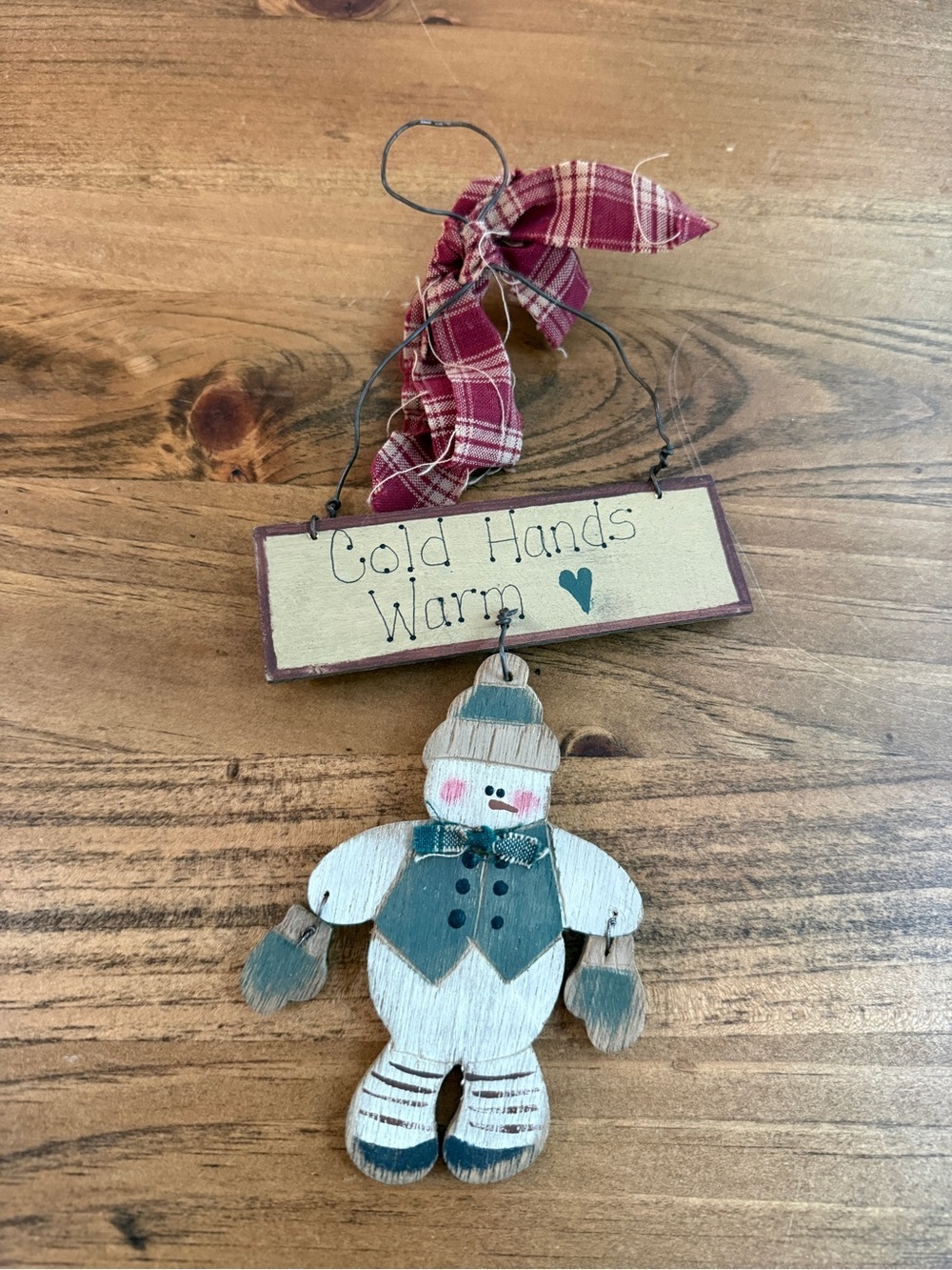 Rustic Snowman Hanging Ornament - Cream and Teal Holiday Decor